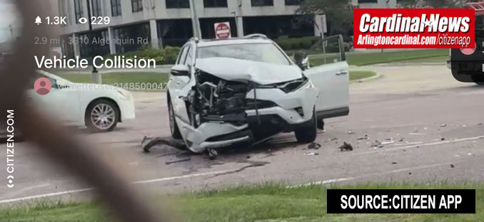 Three-vehicle crash at Algonquin Road and Barker Avenue in Rolling Meadows, Tuesday, June 16, 2026 (CITIZEN APP)