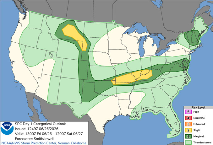 Day 1 Convective Outlook/Categorical for Friday, June 26, 2026 indicates no severe weather in northern Illinois (SOURCE: NOAA/NWS Storm Prediction Center)