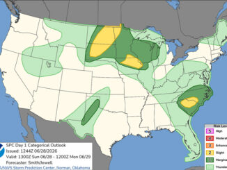 Day 1 Convective Outlook/Categorical for Sunday, June 28, 2026 indicates Level 1/5 and Level 2/5 risk of severe thunderstorms in northwest Illinois with the lowest risk type storms in northeast Illinois (SOURCE: NOAA/NWS Storm Prediction Center).