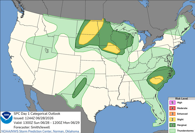 Day 1 Convective Outlook/Categorical for Sunday, June 28, 2026 indicates Level 1/5 and Level 2/5 risk of severe thunderstorms in northwest Illinois with the lowest risk type storms in northeast Illinois (SOURCE: NOAA/NWS Storm Prediction Center).