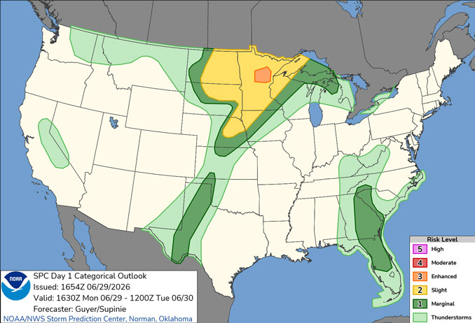 Day 1 Convective Outlook/Categorical for Monday, June 29, 2026 indicates no severe weather in all of Illinois and southern Wisconsin (SOURCE: NOAA/NWS Storm Prediction Center)