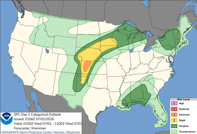 Day 1 Convective Outlook/Categorical for Overnight Tuesday/Wednesday, June 30-July 1, 2026 indicates no severe weather in northern Illinois (SOURCE: NOAA/NWS Storm Prediction Center)