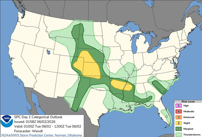 Day 1 Convective Outlook/Categorical for Overnight Monday/Tuesday, June 2-3, 2026 indicates no severe weather for Illinois (SOURCE: NOAA/NWS Storm Prediction Center)