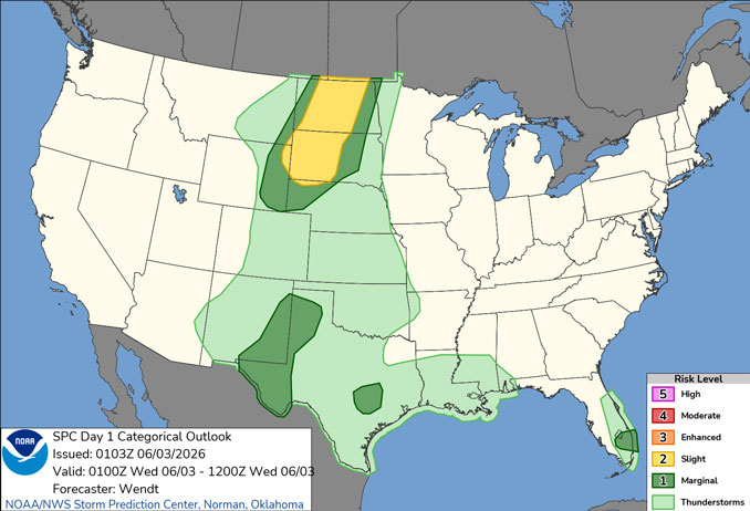 Day 1 Convective Outlook/Categorical for Tuesday/Wednesday, June 2-3, 2026 indicates no severe weather in Illinois (SOURCE: NOAA/NWS Storm Prediction Center)