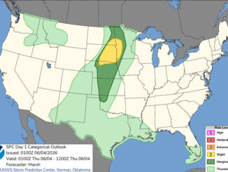 Day 1 Convective Outlook/Categorical for overnight Wednesday/Thursday, June 3-4, 2026 indicates no severe weather for Illinois (SOURCE: NOAA/NWS Storm Prediction Center)