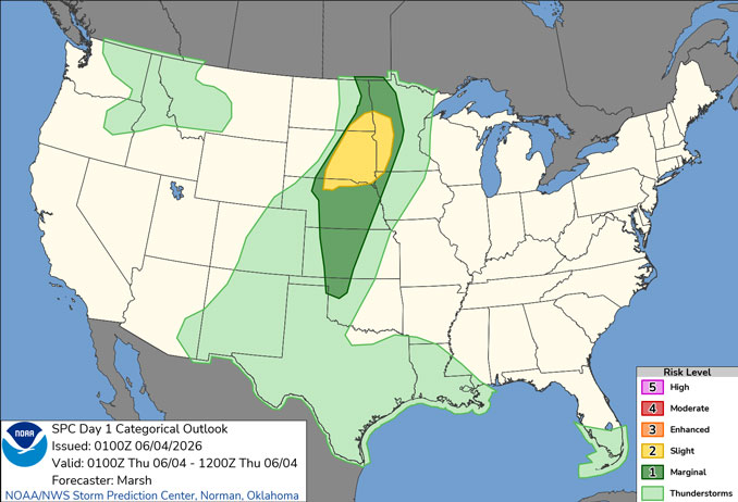 Day 1 Convective Outlook/Categorical for overnight Wednesday/Thursday, June 3-4, 2026 indicates no severe weather for Illinois (SOURCE: NOAA/NWS Storm Prediction Center)