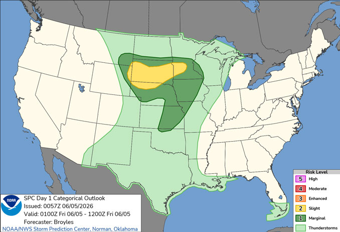 Day 1 Convective Outlook/Categorical for Overnight Thursday/Friday, June 4-5, 2026 indicates no severe weather for Illinois but a chance of thundershowers (SOURCE: NOAA/NWS Storm Prediction Center)