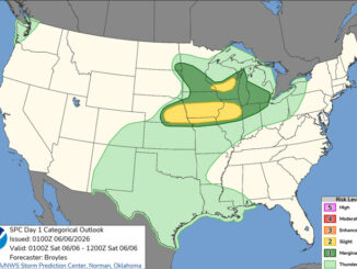Day 1 Convective Outlook/Categorical for Overnight Friday/Saturday, June 5-6, 2026 indicates Level 1/5 and Level 2/5 severe thunderstorm risk in northern Illinois (SOURCE: NOAA/NWS Storm Prediction Center)