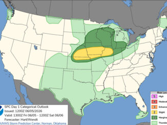 Day 1 Convective Outlook/Categorical for Friday, June 5, 2026 indicates severe weather (Level 1/Marginal Risk and Level 2/Slight Risk) (SOURCE: NOAA/NWS Storm Prediction Center)