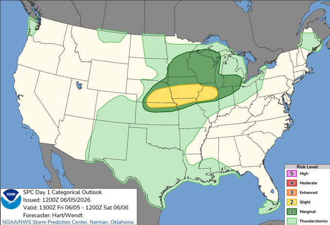 Day 1 Convective Outlook/Categorical for Friday, June 5, 2026 indicates severe weather (Level 1/Marginal Risk and Level 2/Slight Risk) (SOURCE: NOAA/NWS Storm Prediction Center)