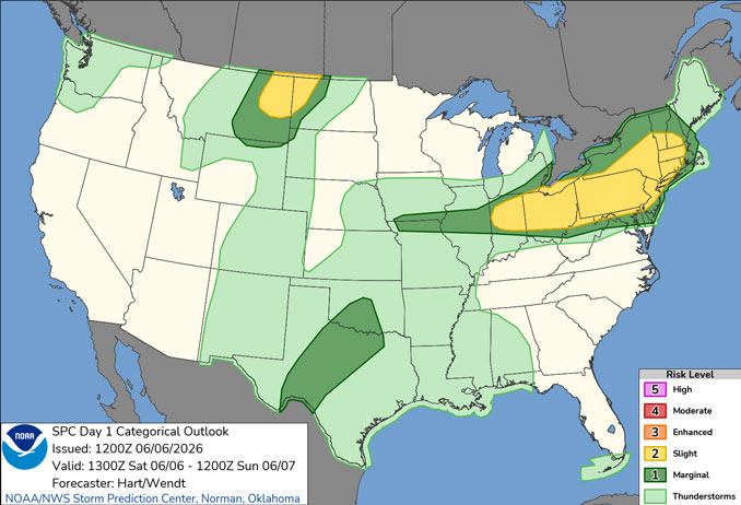 Day 1 Convective Outlook/Categorical for Saturday, June 6, 2026 indicates no risk level severe thunderstorms for northern Illinois (SOURCE: NOAA/NWS Storm Prediction Center)