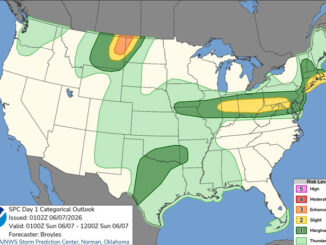 Day 1 Convective Outlook/Categorical for Saturday, June 6, 2026 indicates no severe weather at Level 1/5 risk or higher in northern Illinois (SOURCE: NOAA/NWS Storm Prediction Center)