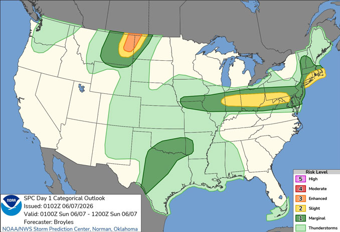 Day 1 Convective Outlook/Categorical for Saturday, June 6, 2026 indicates no severe weather at Level 1/5 risk or higher in northern Illinois (SOURCE: NOAA/NWS Storm Prediction Center)