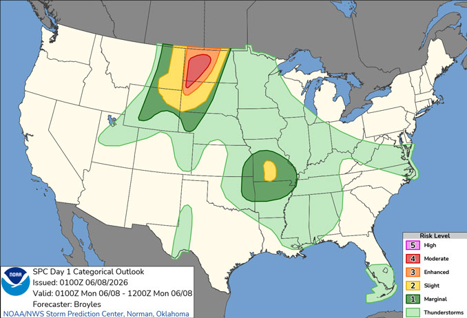 Day 1 Convective Outlook/Categorical for overnight Sunday-Monday, June 7-8, 2026 indicates no severe weather in northern Illinois (SOURCE: NOAA/NWS Storm Prediction Center)