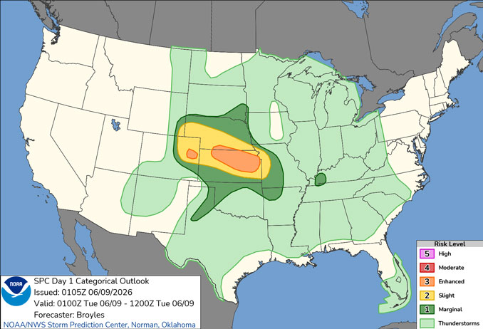 Day 1 Convective Outlook/Categorical for Overnight Monday/Tuesday, June 8-9, 2026 indicates no risk level severe weather in northern Illinios (SOURCE: NOAA/NWS Storm Prediction Center)