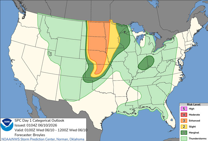 Day 1 Convective Outlook/Categorical for Tuesday/Wednesday, June 9-10, 2026 indicates no risk level severe weather for Illinois (SOURCE: NOAA/NWS Storm Prediction Center)