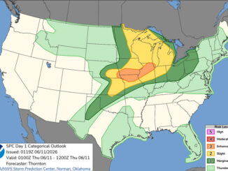 Day 1 Convective Outlook/Categorical for Wednesday/Thursday, June 10-11, 2026 indicates Level 3 Risk of severe thunderstorm for northeast Illinois (SOURCE: NOAA/NWS Storm Prediction Center)