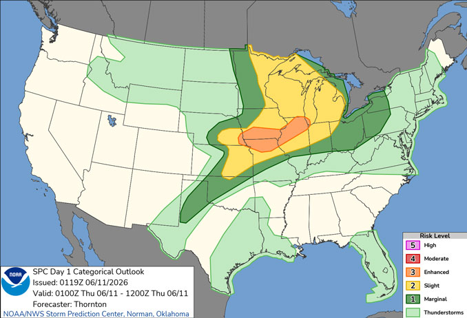Day 1 Convective Outlook/Categorical for Wednesday/Thursday, June 10-11, 2026 indicates Level 3 Risk of severe thunderstorm for northeast Illinois (SOURCE: NOAA/NWS Storm Prediction Center)