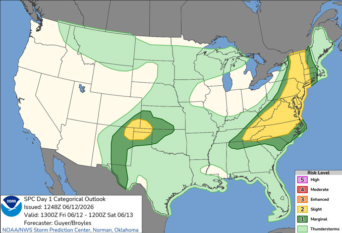 Day 1 Convective Outlook/Categorical for Friday, June 12, 2026 indicates no thunderstorm risk (SOURCE: NOAA/NWS Storm Prediction Center)