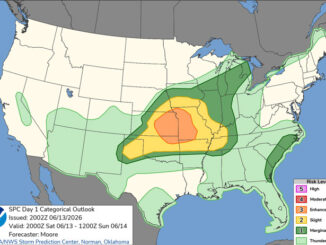 Day 1 Convective Outlook/Categorical for Saturday, June 13, 2026 indicates Severe Thunderstorm Risk Level 1 or 5 for 3:00 p.m. Saturday through 7:00 a.m. Sunday (SOURCE: NOAA/NWS Storm Prediction Center)
