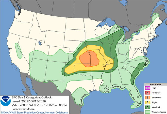 Day 1 Convective Outlook/Categorical for Saturday, June 13, 2026 indicates Severe Thunderstorm Risk Level 1 or 5 for 3:00 p.m. Saturday through 7:00 a.m. Sunday (SOURCE: NOAA/NWS Storm Prediction Center)