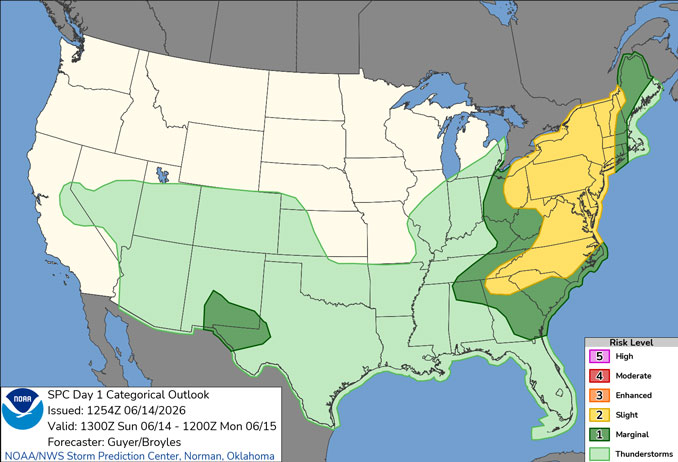 Day 1 Convective Outlook/Categorical for Sunday, June 14, 2026 indicates no severe weather for northern Illinois (SOURCE: NOAA/NWS Storm Prediction Center)
