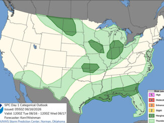 Day 1 Convective Outlook/Categorical for Tuesday, June 16, 2026 indicates a chance of thundershowers in northern Illinois, and a Level 1/5 risk of severe thunderstorms in southeast Chicagoland and eastern Illinois (SOURCE: NOAA/NWS Storm Prediction Center)