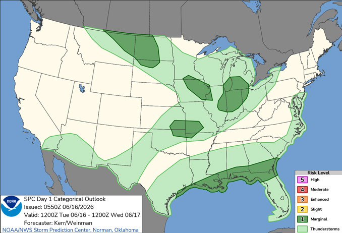 Day 1 Convective Outlook/Categorical for Tuesday, June 16, 2026 indicates a chance of thundershowers in northern Illinois, and a Level 1/5 risk of severe thunderstorms in southeast Chicagoland and eastern Illinois (SOURCE: NOAA/NWS Storm Prediction Center)