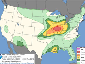 Day 1 Convective Outlook/Categorical for Wednesday, June 17, 2026 indicates northern Illinois is in a Level 2/5 for severe thunderstorms (SOURCE: NOAA/NWS Storm Prediction Center)