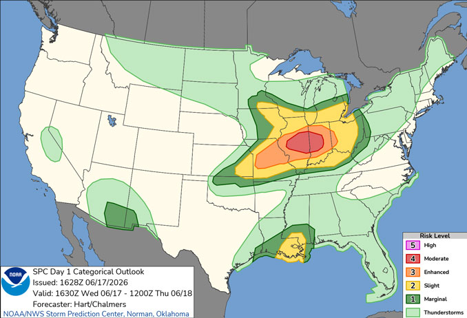 Day 1 Convective Outlook/Categorical for Wednesday, June 17, 2026 indicates northern Illinois is in a Level 2/5 for severe thunderstorms (SOURCE: NOAA/NWS Storm Prediction Center)