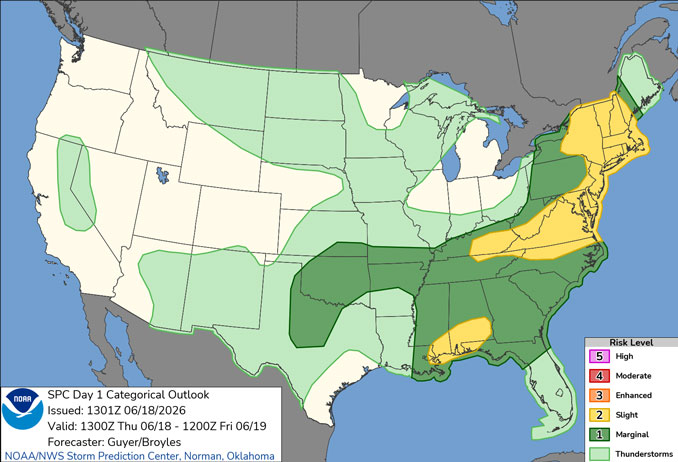 Day 1 Convective Outlook/Categorical for Thursday, June 18, 2026 indicates no severe weather in northeast Illinois (SOURCE: NOAA/NWS Storm Prediction Center)