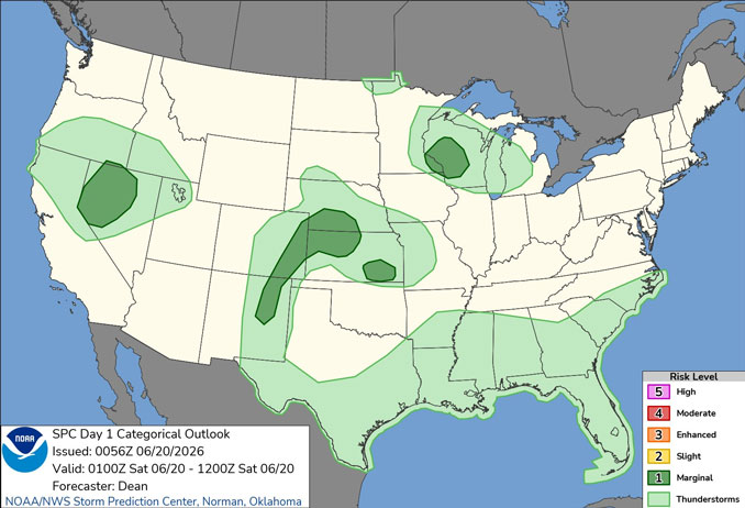 Day 1 Convective Outlook/Categorical for overnight Friday/Saturday, June 19-20, 2026 indicates no severe weather in northern Illinois (SOURCE: NOAA/NWS Storm Prediction Center)