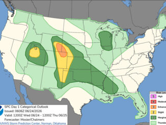 Day 1 Convective Outlook/Categorical for Wednesday, June 24, 2026 indicates a Level 1/5 risk of severe thunderstorms in northern Illinois, after the overnight Tuesday/Wednesday had no risk in all of Illinois (SOURCE: NOAA/NWS Storm Prediction Center)