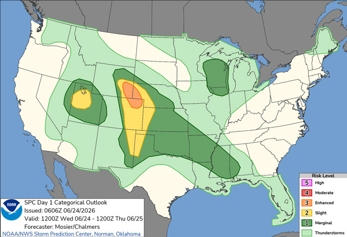 Day 1 Convective Outlook/Categorical for Wednesday, June 24, 2026 indicates a Level 1/5 risk of severe thunderstorms in northern Illinois, after the overnight Tuesday/Wednesday had no risk in all of Illinois (SOURCE: NOAA/NWS Storm Prediction Center)