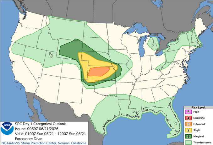 Day 1 Convective Outlook/Categorical for overnight Saturday toSunday, June 20-21, 2026 indicates no severe weather in all of Illinois (SOURCE: NOAA/NWS Storm Prediction Center)