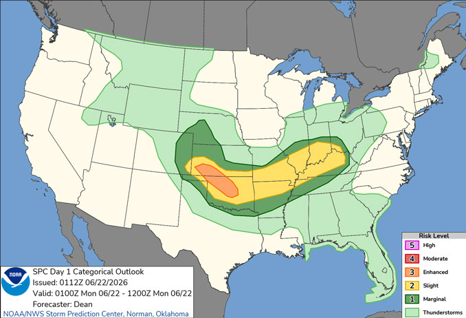 Day 1 Convective Outlook/Categorical for overnight Sunday/Monday, June 21-22, 2026 thundershowers but no severe weather for northern Illinois (SOURCE: NOAA/NWS Storm Prediction Center)