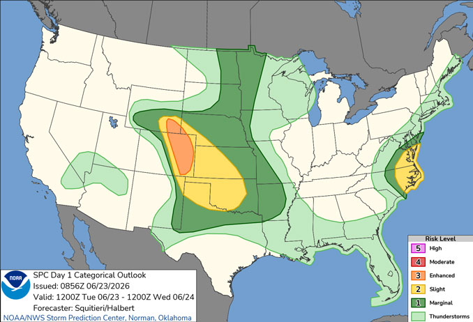 Day 1 Convective Outlook/Categorical for Tuesday, June 23, 2026 indicates no severe weather expected in Illinois (SOURCE: NOAA/NWS Storm Prediction Center)