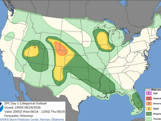 Day 1 Convective Outlook/Categorical for Wednesday, June 24, 2026 indicates Level 2/5 risk severe thunderstorms are possible for Wednesday evening and overnight into Thursday (SOURCE: NOAA/NWS Storm Prediction Center)