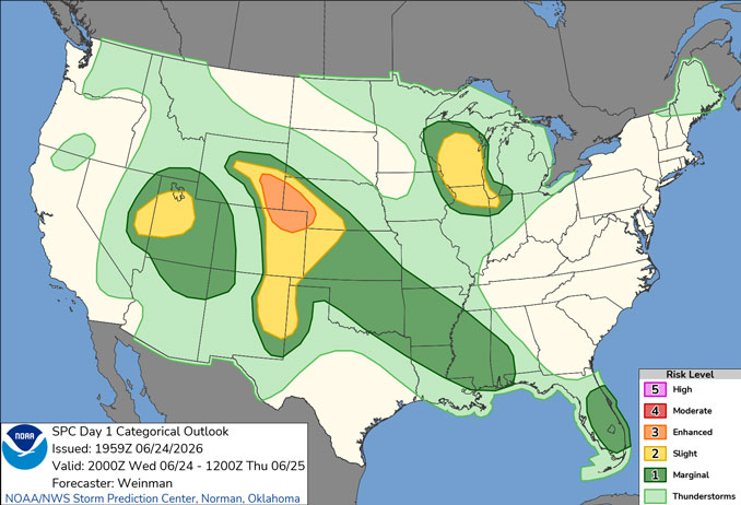 Day 1 Convective Outlook/Categorical for Wednesday, June 24, 2026 indicates Level 2/5 risk severe thunderstorms are possible for Wednesday evening and overnight into Thursday (SOURCE: NOAA/NWS Storm Prediction Center)