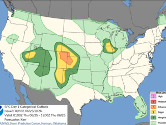 Day 1 Convective Outlook/Categorical for Wednesday/Thursday, June 24-25, 2026 indicates a Level 2/5 of severe thunderstorm, but this risk is apparently over by 11:00 p.m. Wedensday (SOURCE: NOAA/NWS Storm Prediction Center)