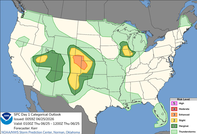 Day 1 Convective Outlook/Categorical for Wednesday/Thursday, June 24-25, 2026 indicates a Level 2/5 of severe thunderstorm, but this risk is apparently over by 11:00 p.m. Wedensday (SOURCE: NOAA/NWS Storm Prediction Center)
