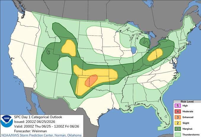 Day 1 Convective Outlook/Categorical for Thursday/Friday, June 25-26, 2026 indicates no severe weather in northern Illinois (SOURCE: NOAA/NWS Storm Prediction Center)