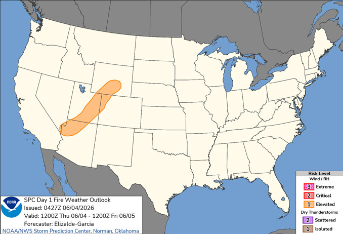 Day 1 CONUS Fire Weather Outlook for Thursday, June 4, 2026 does not reach threshold for "Elevate Risk Level" or above, but NWS Chicago indicates increase threat of grass fires and brush fires; "ELEVATED" risk is indicated in parts of Arizona, Colorado, Nevada, Utah, and Wyoming (SOURCE: NOAA/NWS Storm Prediction Center)