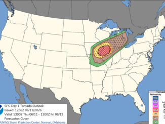 Day 1 Convective Outlook/Tornado for Thursday, June 11, 2026 indicates 10% to 15% of tornado probability with an Intensity Level of 2 out of 3 nearby, especially western Chicagoland (SOURCE: NOAA/NWS Storm Prediction Center)