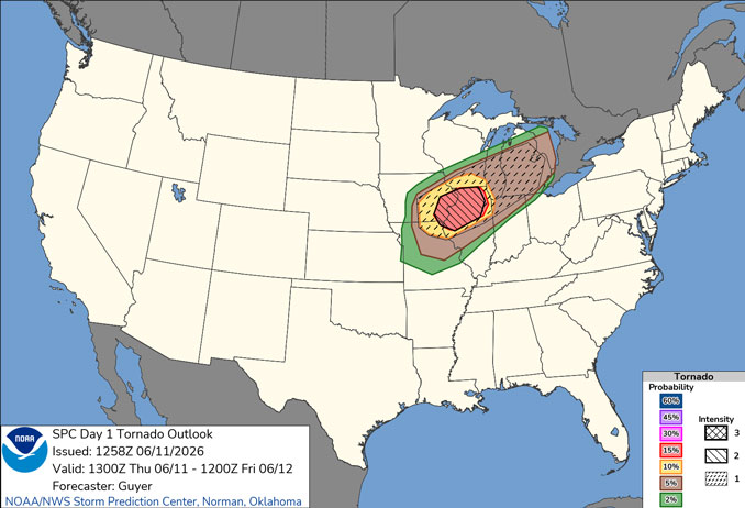 Day 1 Convective Outlook/Tornado for Thursday, June 11, 2026 indicates 10% to 15% of tornado probability with an Intensity Level of 2 out of 3 nearby, especially western Chicagoland (SOURCE: NOAA/NWS Storm Prediction Center)
