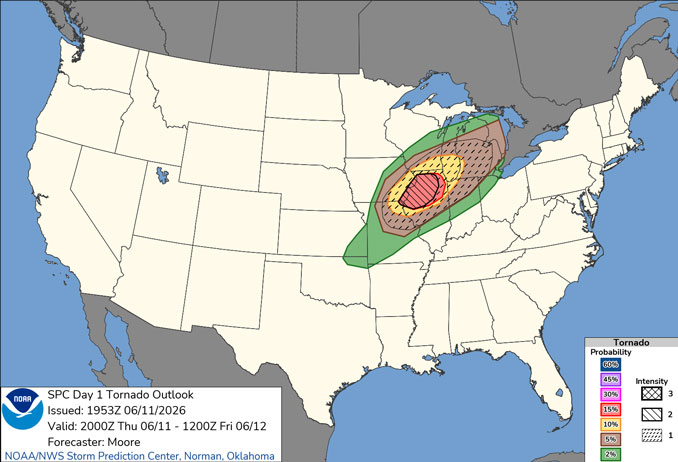 Day 1 Convective Outlook/Tornado for Thursday, June 11, 2026 in reality has targeted a line from Streator to Dwight to Reddick, Illinois and on to Indiana where heavy damage is reported in Merrilville (SOURCE: NOAA/NWS Storm Prediction Center)