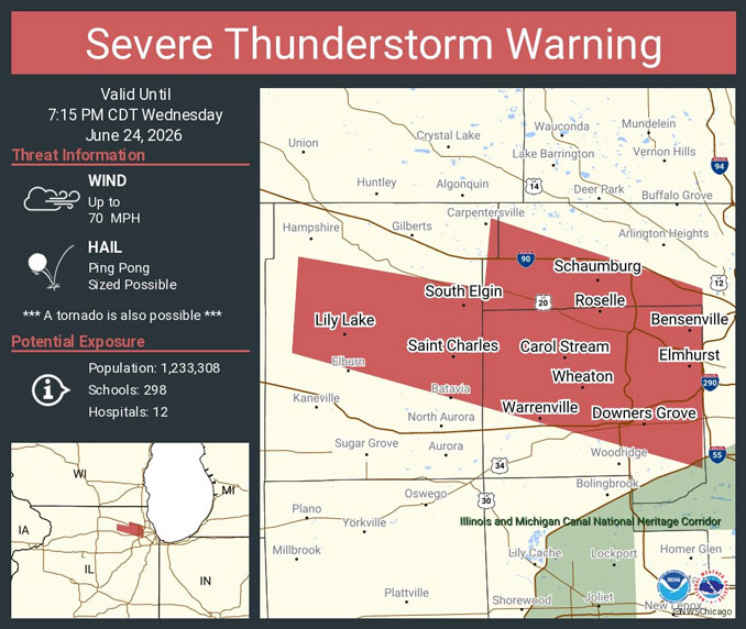 Severe Thunderstorm Warning with predicted 70 MPH winds activated at 6:26 p.m. Wednesday, June 24, 2026 (SOURCE: NWS Chicago)