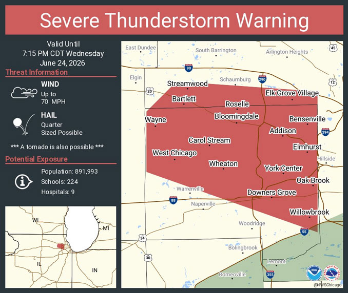 Severe Thunderstorm Warning with predicted 70 MPH winds activated at 6:44 p.m. Wednesday, June 24, 2026 (SOURCE: NWS Chicago)
