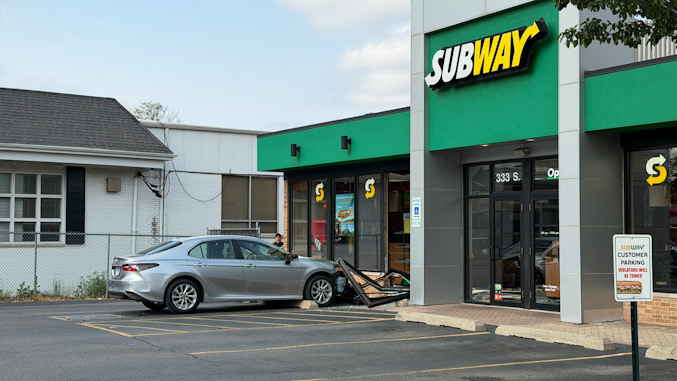 Silver sedan crash at Subway at Arlington Heights Road and Grove Street in Arlington Heights, Saturday afternoon, July 25, 2026 (CARDINAL NEWS).