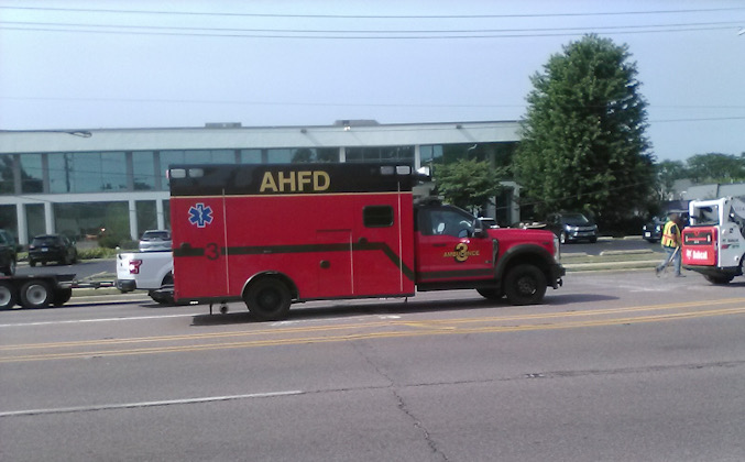 Arlington Heights Fire Department Ambulance 3 assigned where a Bobcat used for a road construction project was involved in a crash on Algonquin Road near Keystone Court in Rolling Meadows on Friday morning, July 24, 2026 (CARDINAL NEWS/provided photo).